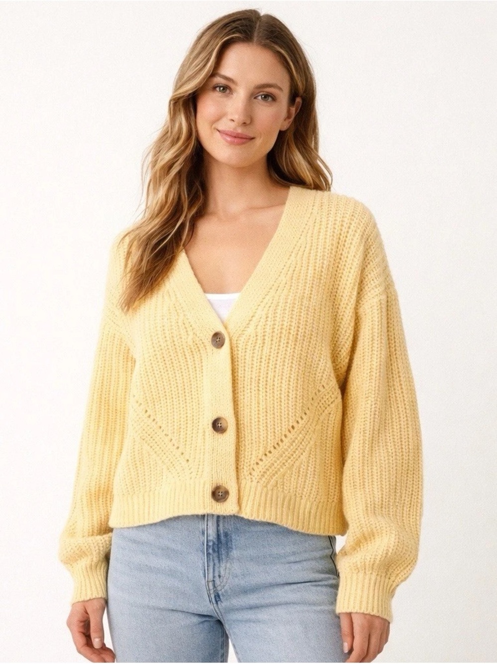 Abercrombie & Fitch Pale Yellow V-Neck Button Cardigan